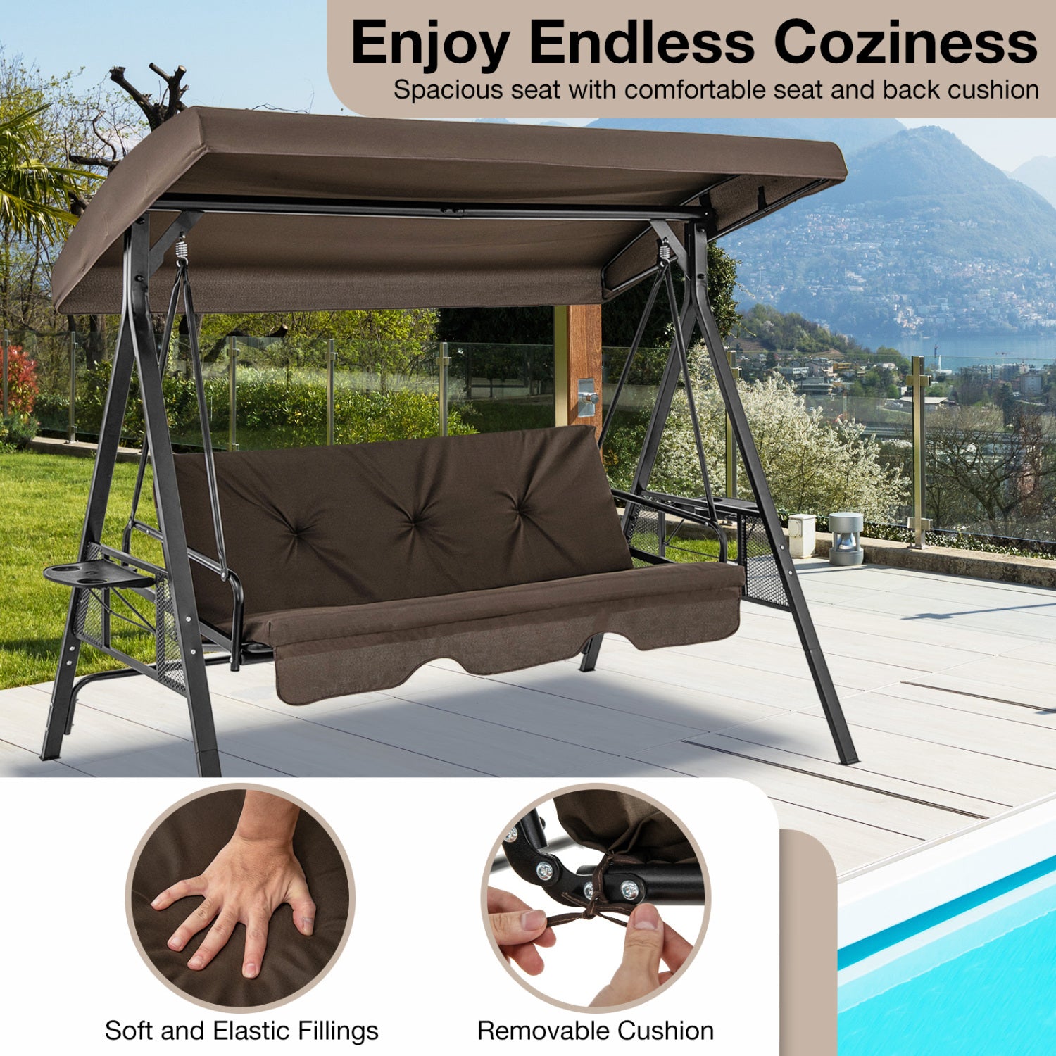 Convertible 3-Seat Swing Chair To Flat Bed, Adjustable Canopy, Brown Porch Swings at Gallery Canada