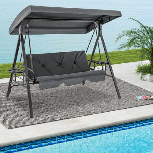 Convertible 3-Seat Swing Chair To Flat Bed, Adjustable Canopy, Gray