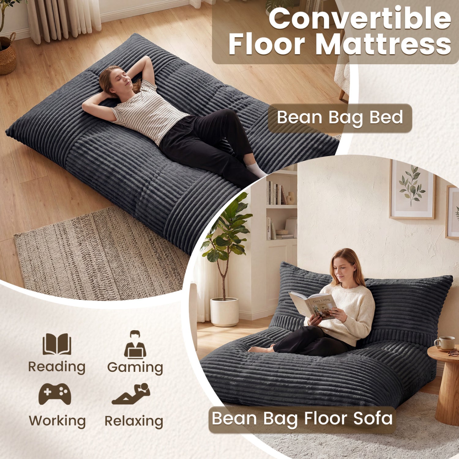 Convertible Bean Bag Floor Sofa, Machine-Washable Corduroy, Dark Gray Floor Chairs at Gallery Canada