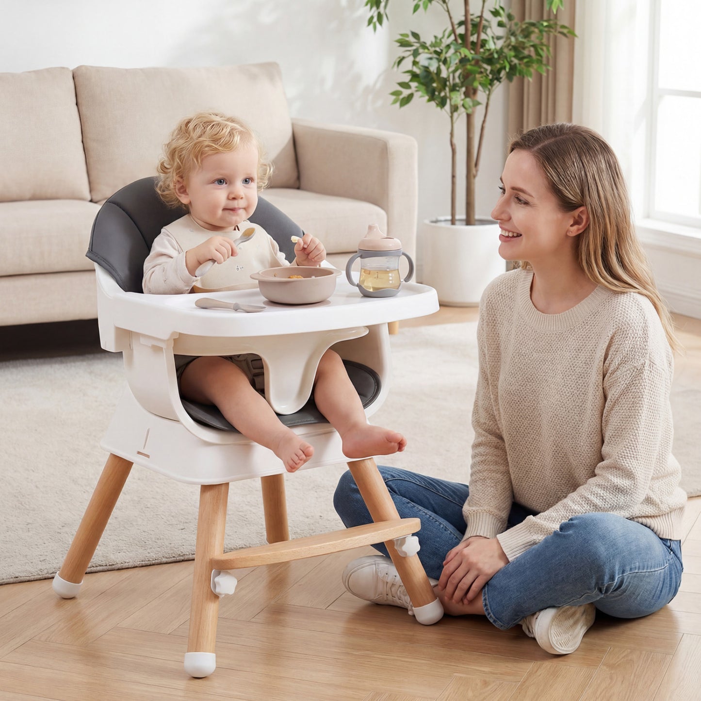 Convertible High Chair, Solid Wood, 3-Position Tray, Gray High Chairs at Gallery Canada