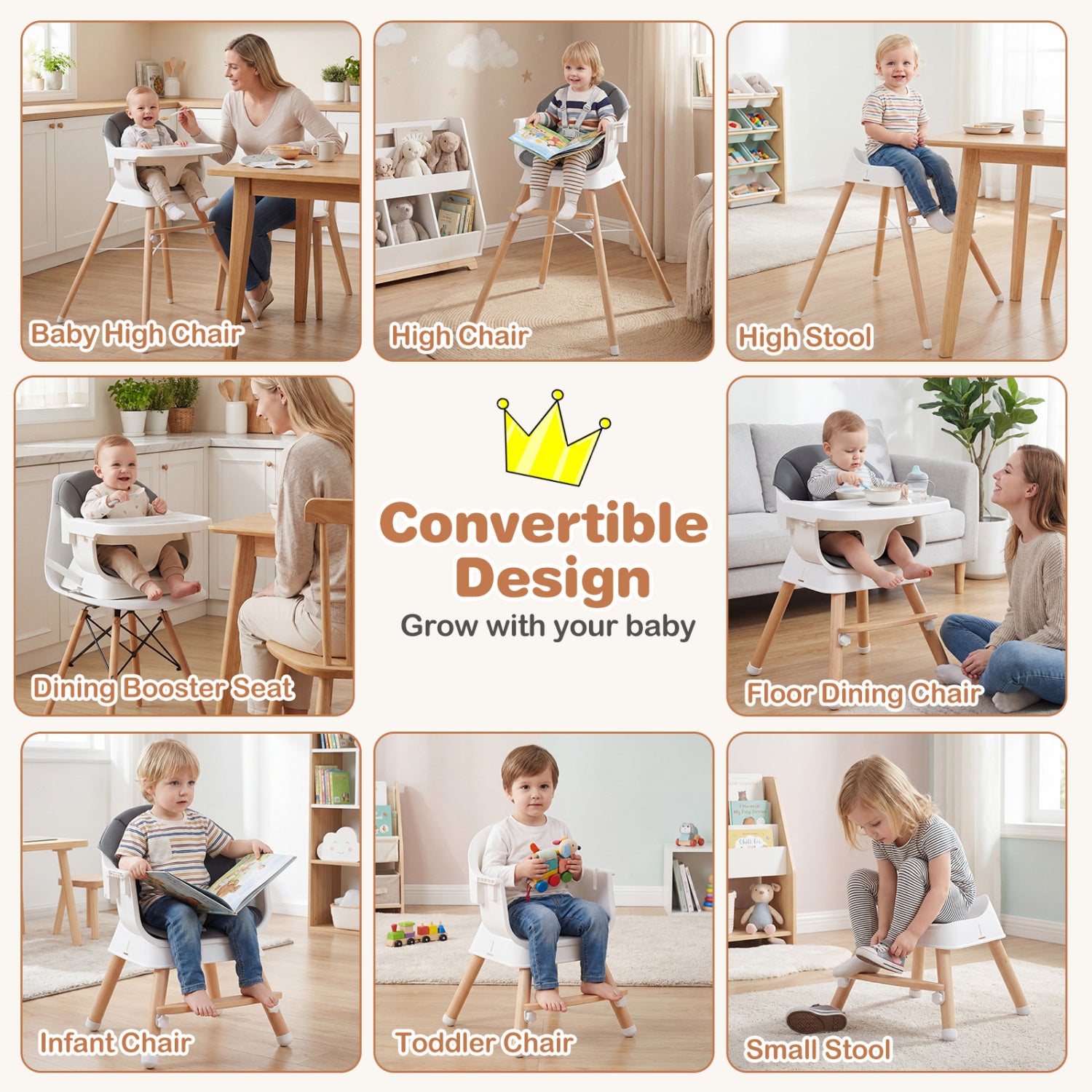 Convertible High Chair, Solid Wood, 3-Position Tray, Gray High Chairs at Gallery Canada