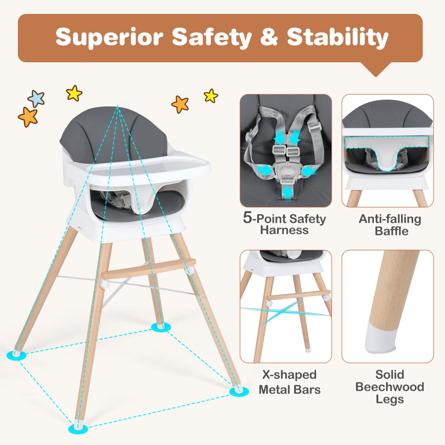 Convertible High Chair, Solid Wood, 3-Position Tray, Gray High Chairs at Gallery Canada