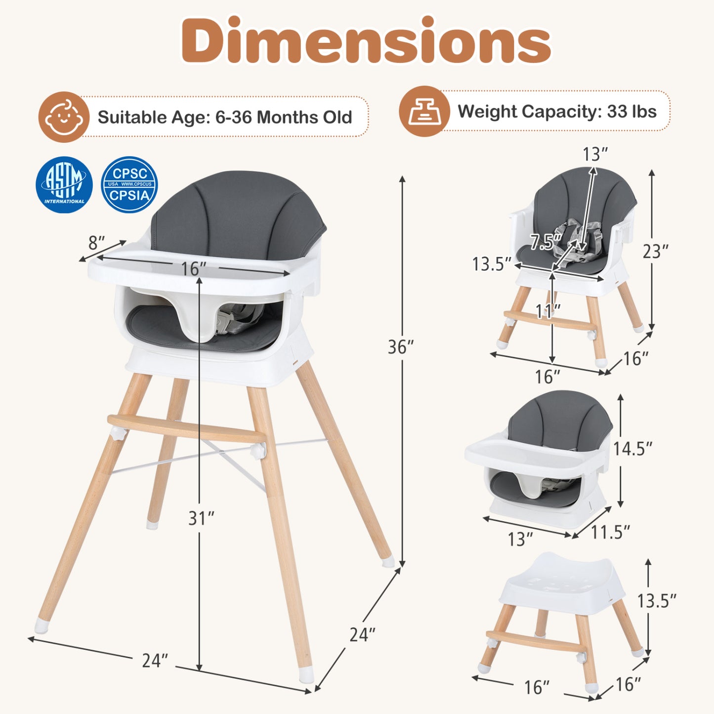 Convertible High Chair, Solid Wood, 3-Position Tray, Gray High Chairs at Gallery Canada