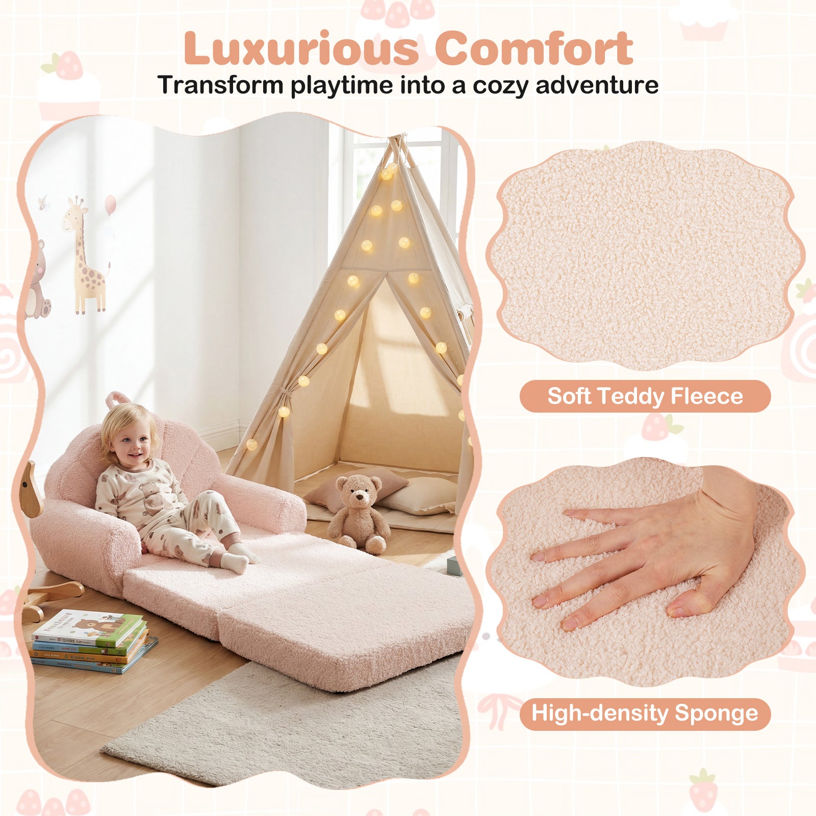 Convertible Kids Sofa, 2-in-1 Fold Out Toddler Couch Chair, Beige Kids Chairs & Seating at Gallery Canada