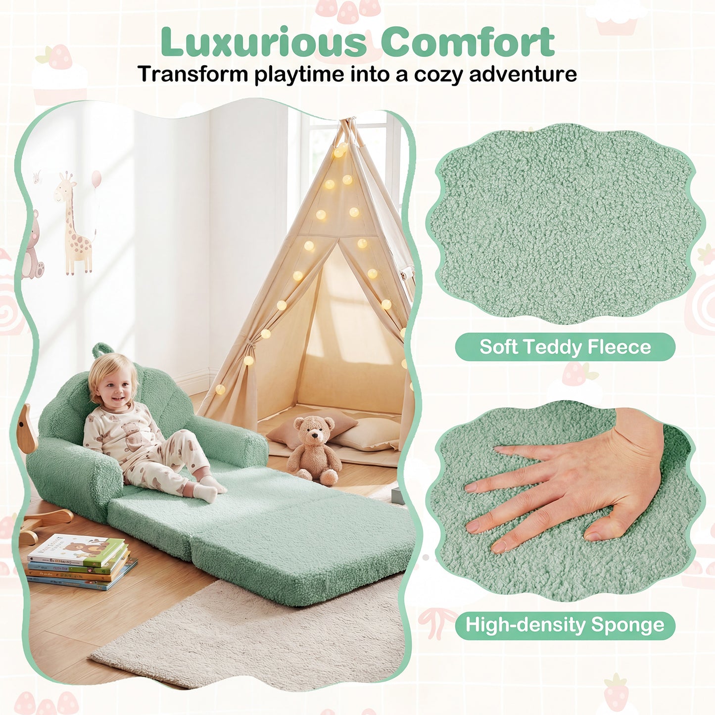 Convertible Kids Sofa, 2-In-1 Fold Out Toddler Couch Chair, Green Kids Chairs & Seating at Gallery Canada