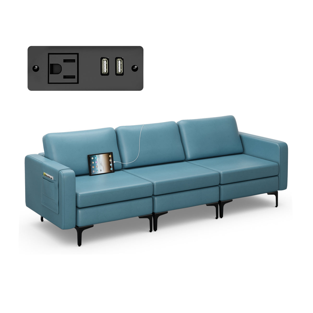 Convertible Leather Sofa, 3-Seat, With USB Ports And Magazine Pockets, Blue Sofas & Loveseats at Gallery Canada