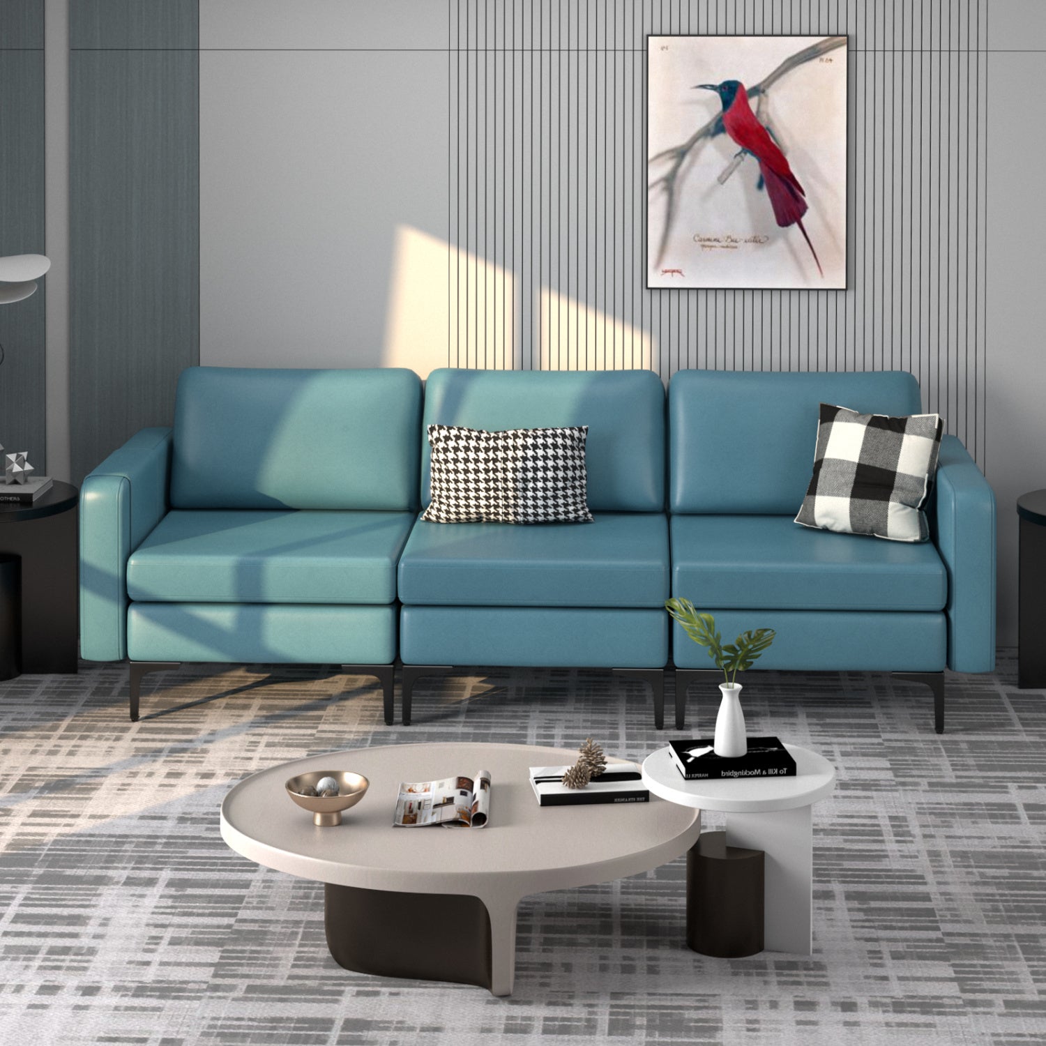Convertible Leather Sofa, 3-Seat, With USB Ports And Magazine Pockets, Blue Sofas & Loveseats at Gallery Canada