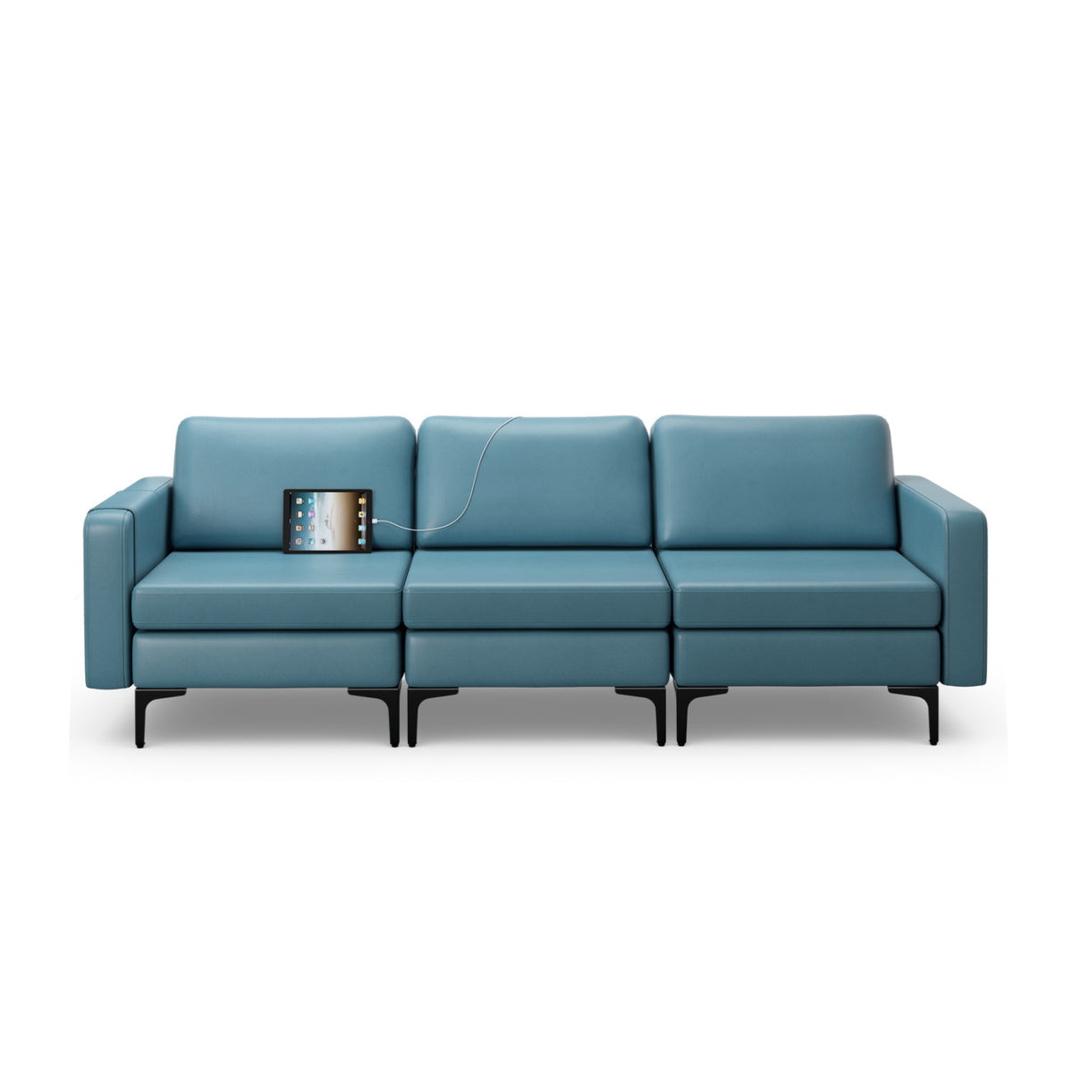 Convertible Leather Sofa, 3-Seat, With USB Ports And Magazine Pockets, Blue Sofas & Loveseats at Gallery Canada