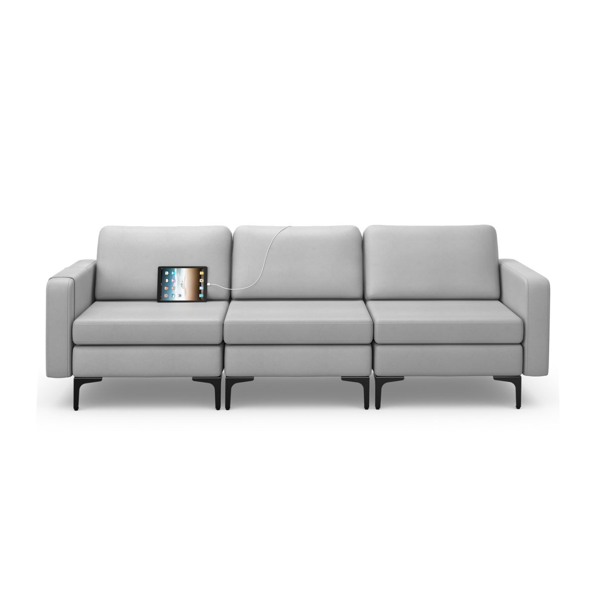 Convertible Leather Sofa Couch, 3-Seat, 2 USB Ports, Light Gray Sofas & Loveseats Light Gray at Gallery Canada