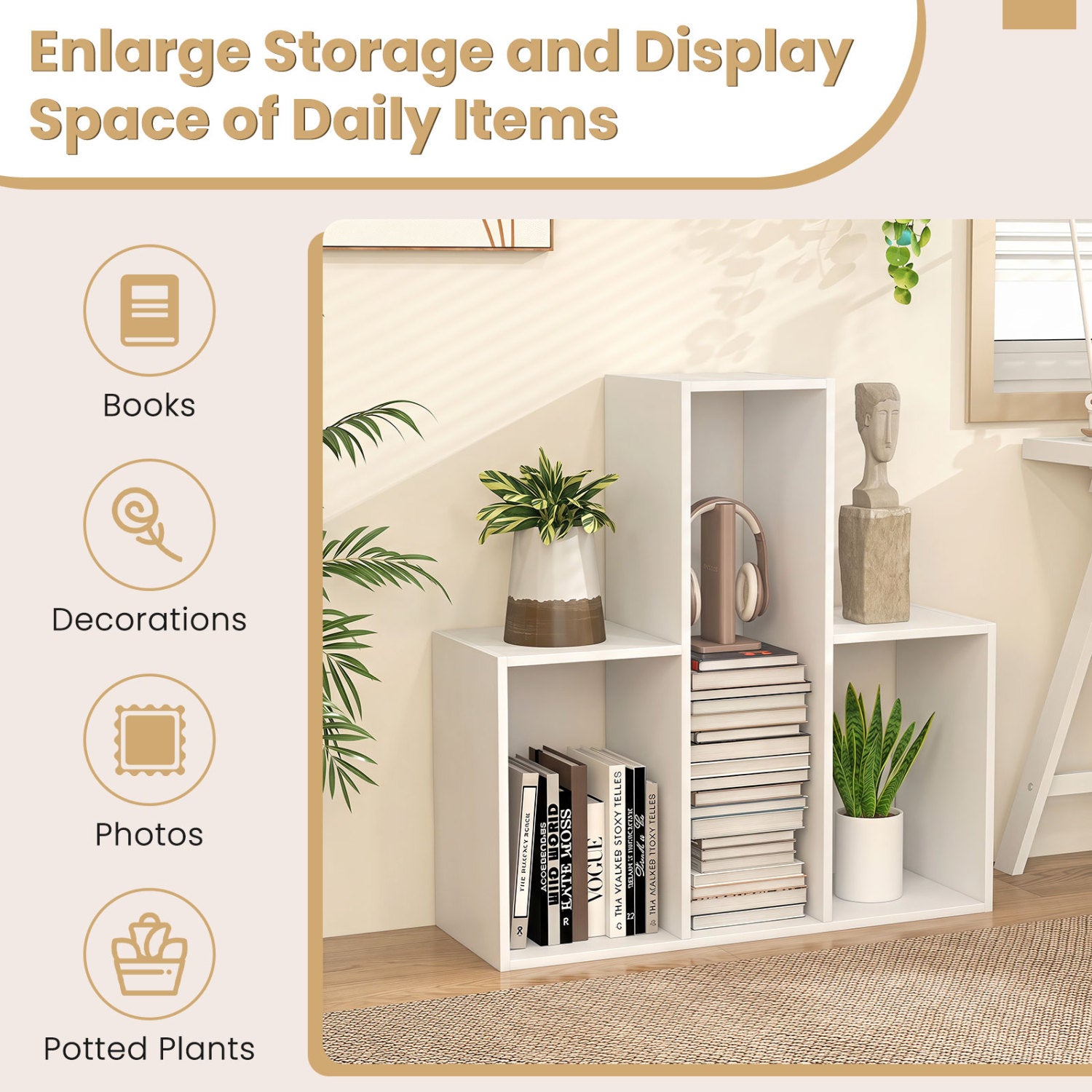 3-Tier Convex Bookshelf, Anti-Topple, White Bookcases at Gallery Canada