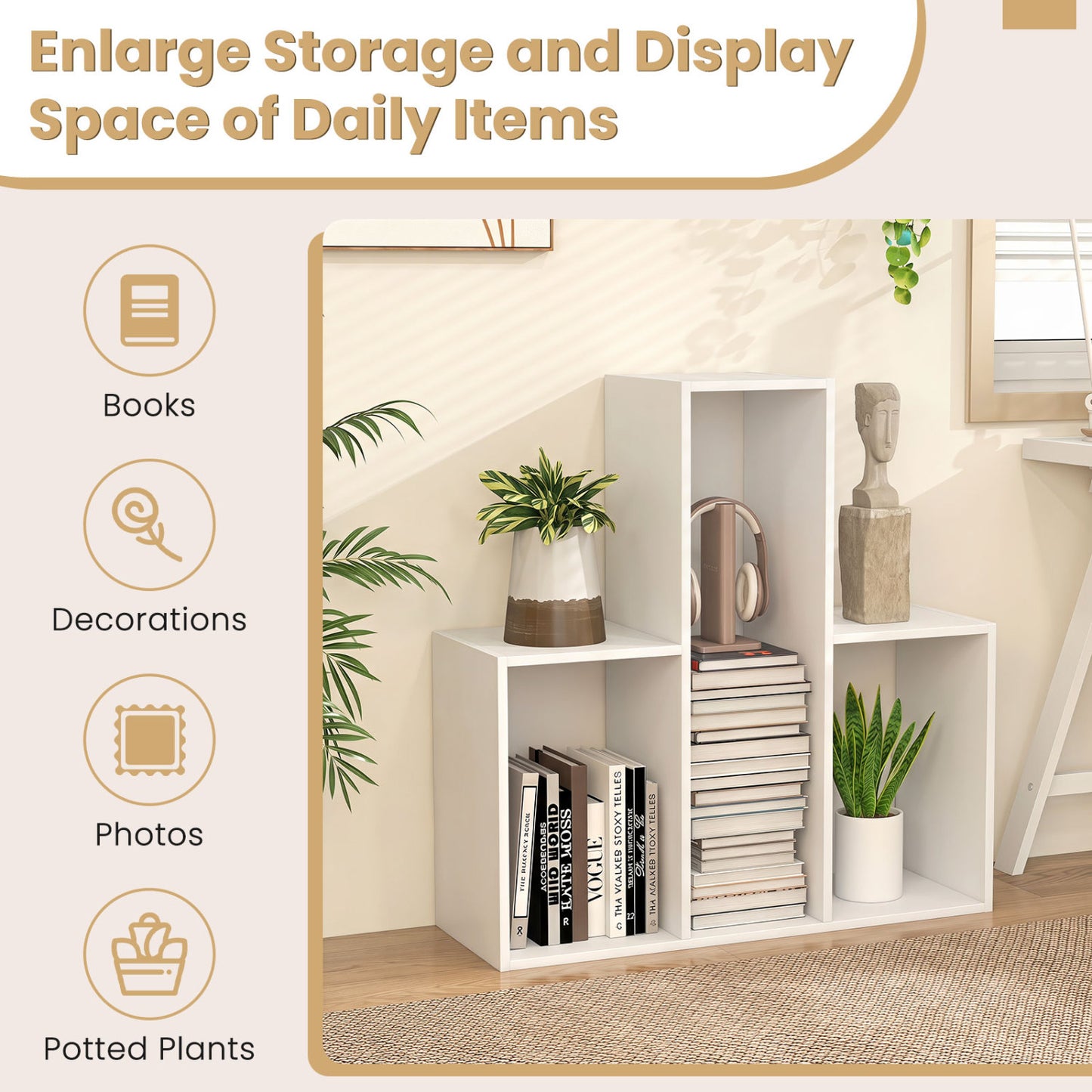 3-Tier Convex Bookshelf, Anti-Topple, White Bookcases at Gallery Canada