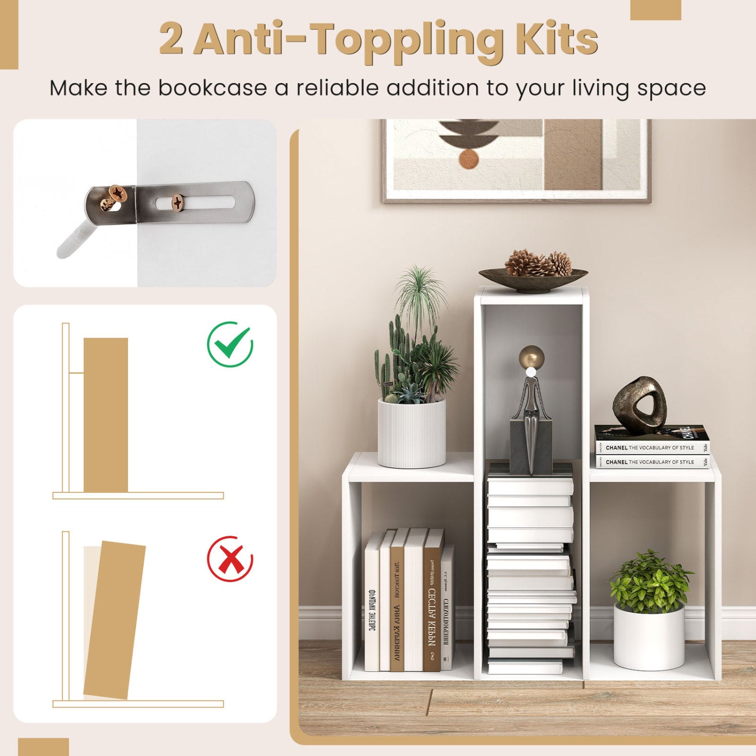 3-Tier Convex Bookshelf, Anti-Topple, White Bookcases at Gallery Canada
