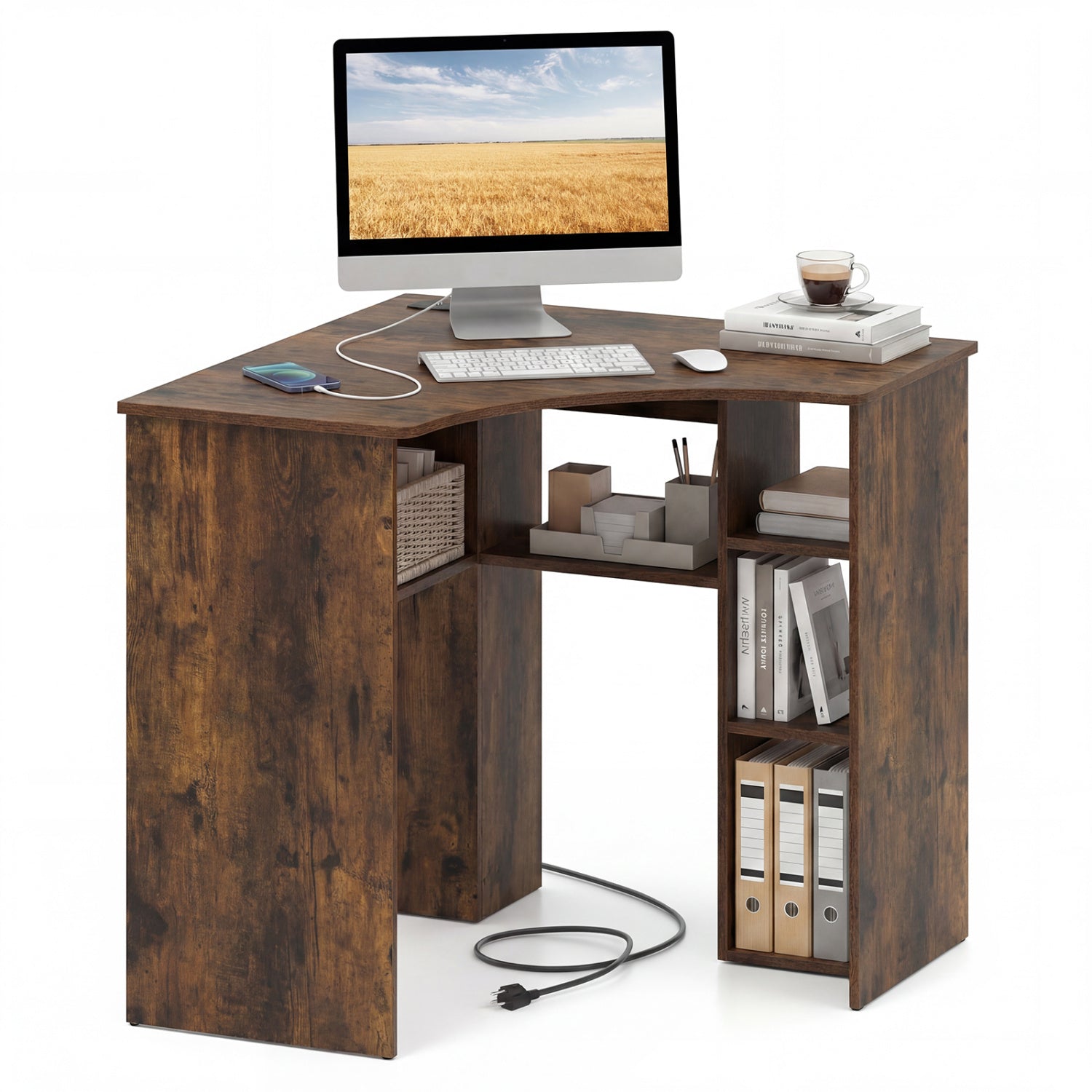 Corner Computer Desk with Adjustable Shelf, Brown Corner Desks at Gallery Canada