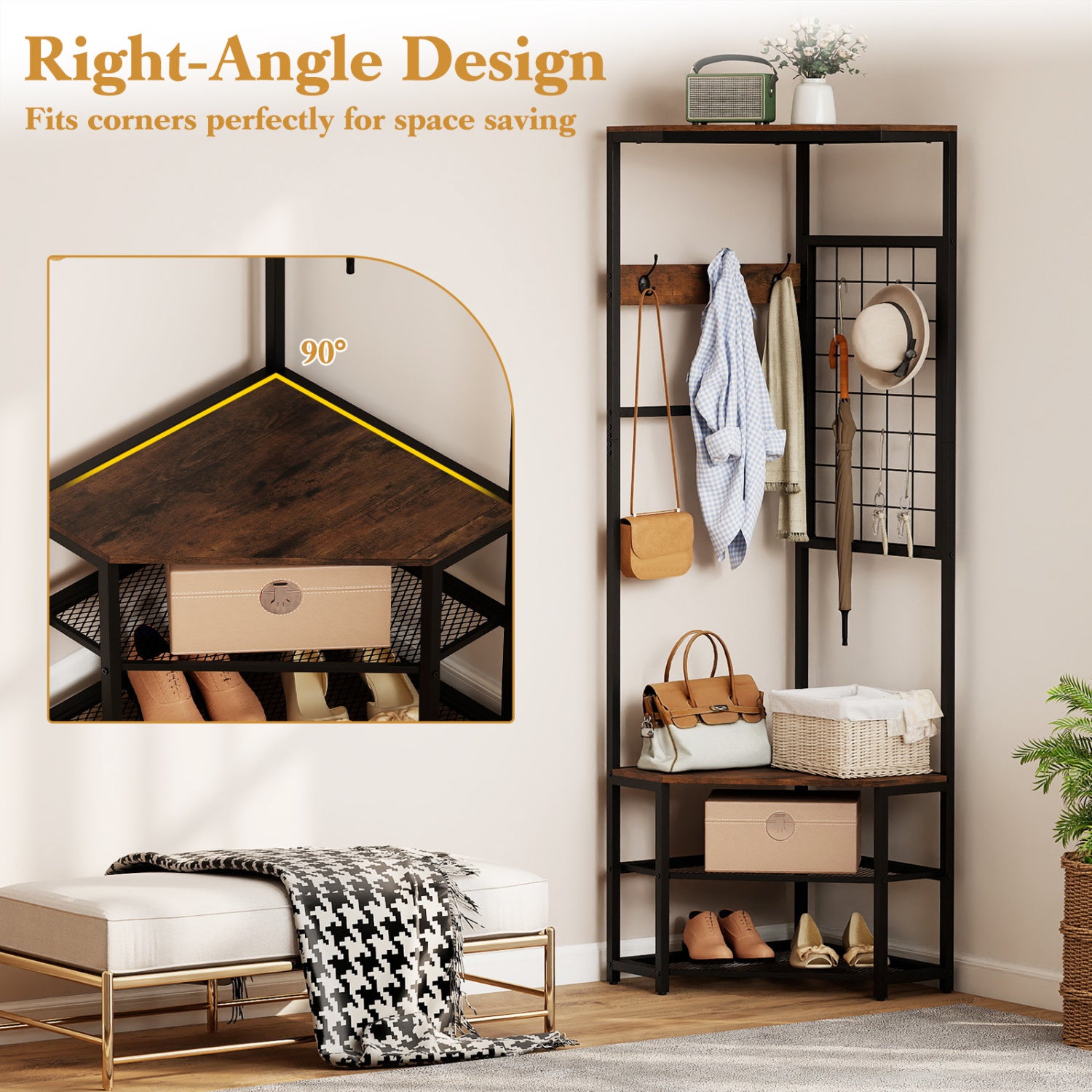 Corner Hall Tree Freestanding Coat Rack with Storage Shelves Removable Hooks, Brown Coat Racks & Hall Trees at Gallery Canada