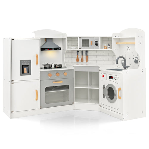 Corner Kids Play Kitchen, With Washing Machine And Ice Maker, White