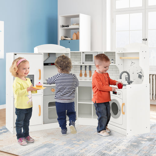 Corner Kids Play Kitchen, With Washing Machine And Ice Maker, White