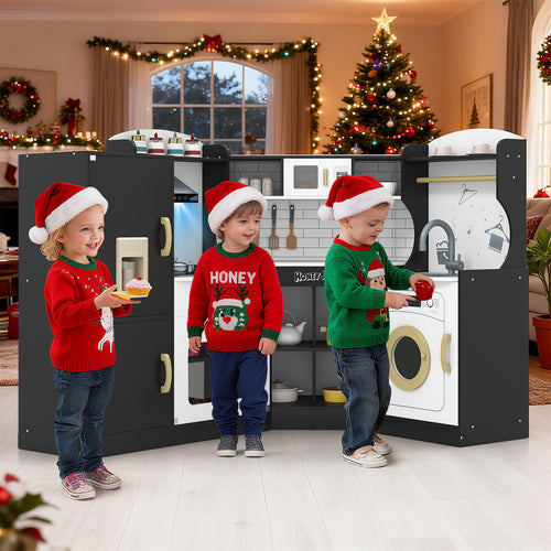 Corner Kids Play Kitchen With Washing Machine, Ice Maker, Black