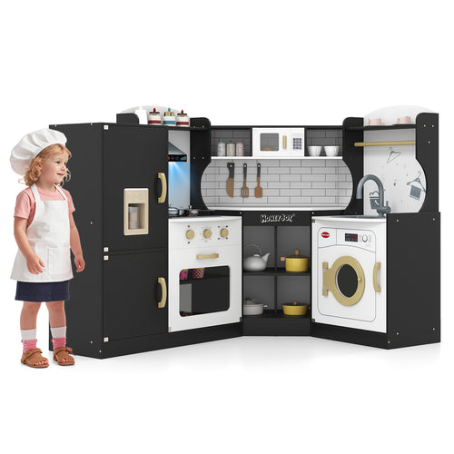 Corner Kids Play Kitchen With Washing Machine, Ice Maker, Black