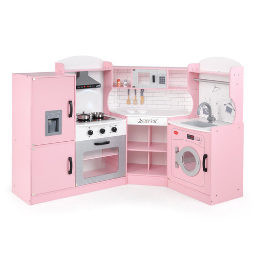 Corner Kids Play Kitchen With Washing Machine, Ice Maker, Pink