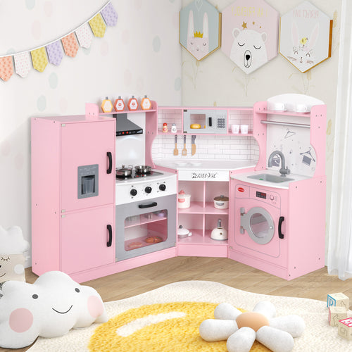 Corner Kids Play Kitchen With Washing Machine, Ice Maker, Pink