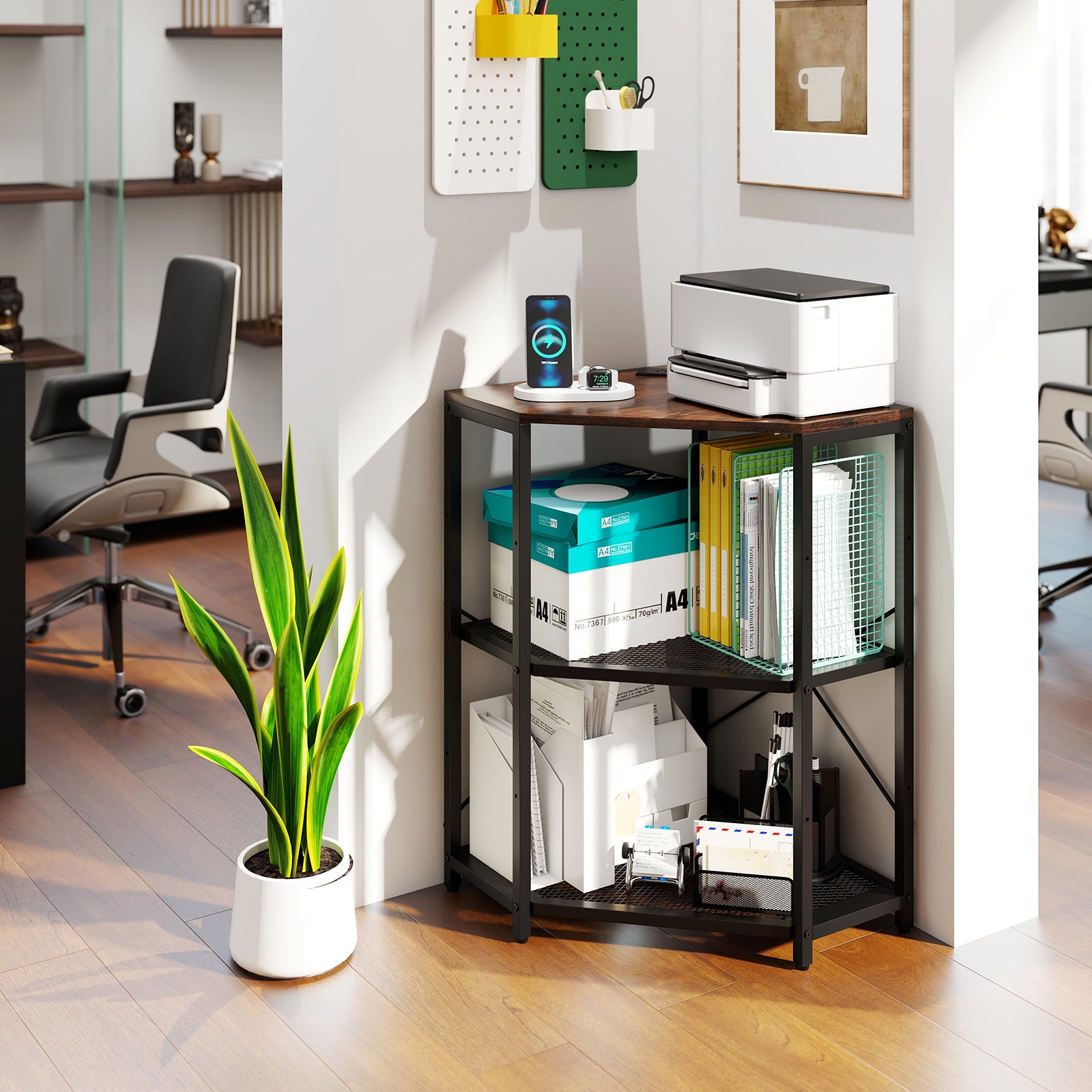 Corner Printer Stand, 3-Tier Storage Rack With Adjustable Shelf, Rustic Brown Laptop Tables & Printer Stands at Gallery Canada