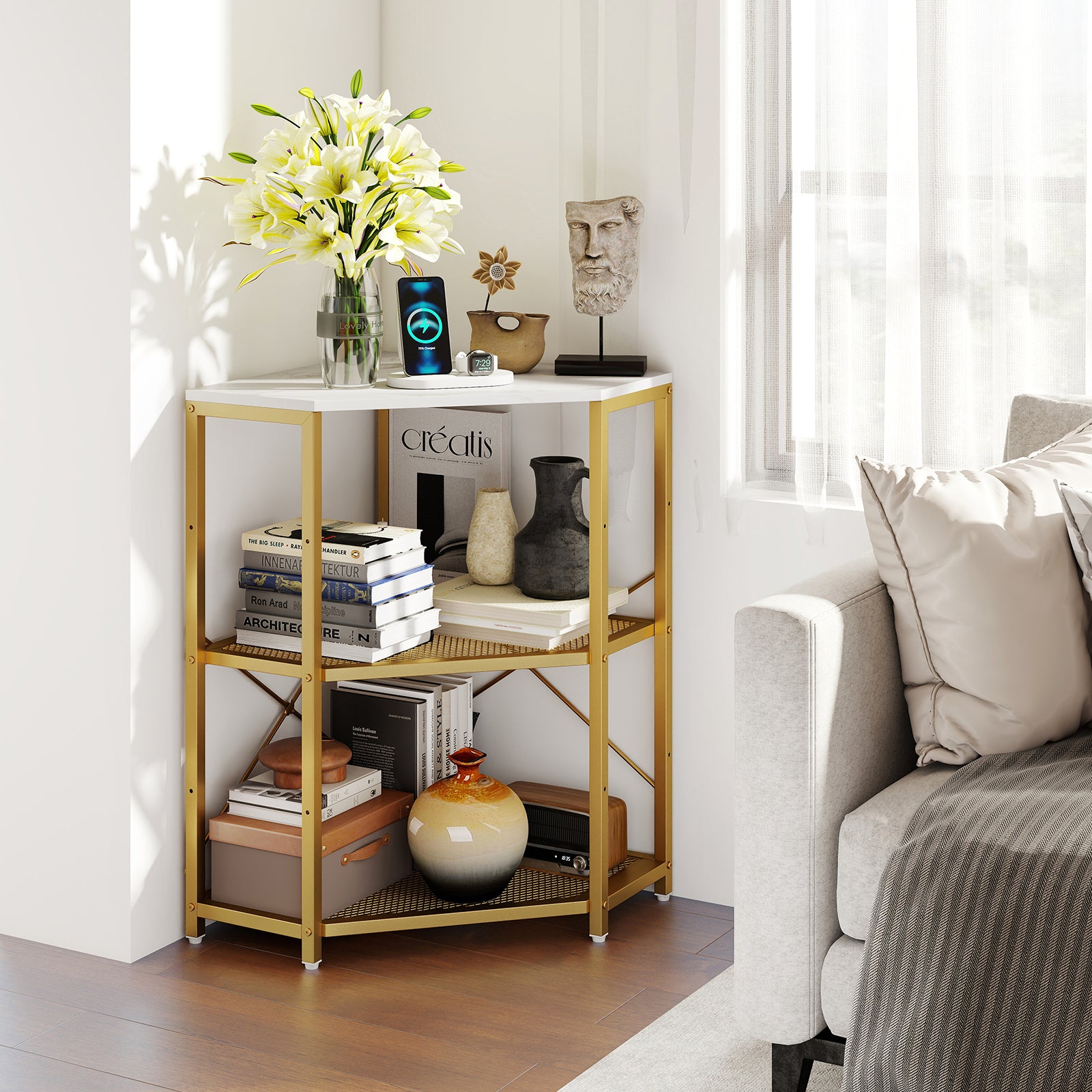Corner Printer Stand, 3-Tier Storage Rack, Adjustable Shelf, White Laptop Tables & Printer Stands at Gallery Canada