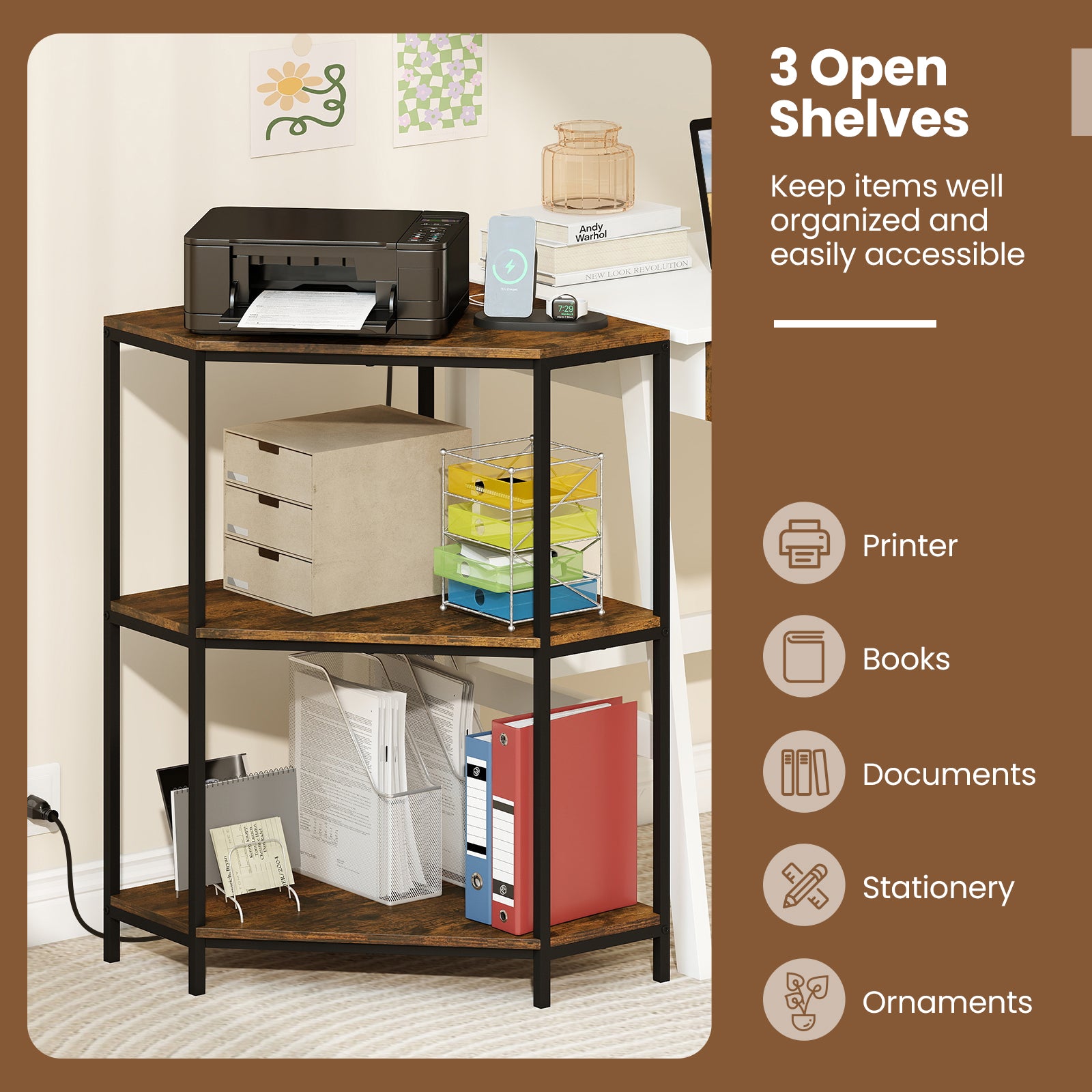 Corner Printer Stand 3-Tier Corner Shelf with Charging Station and Metal Frame, Rustic Brown Laptop Tables & Printer Stands at Gallery Canada
