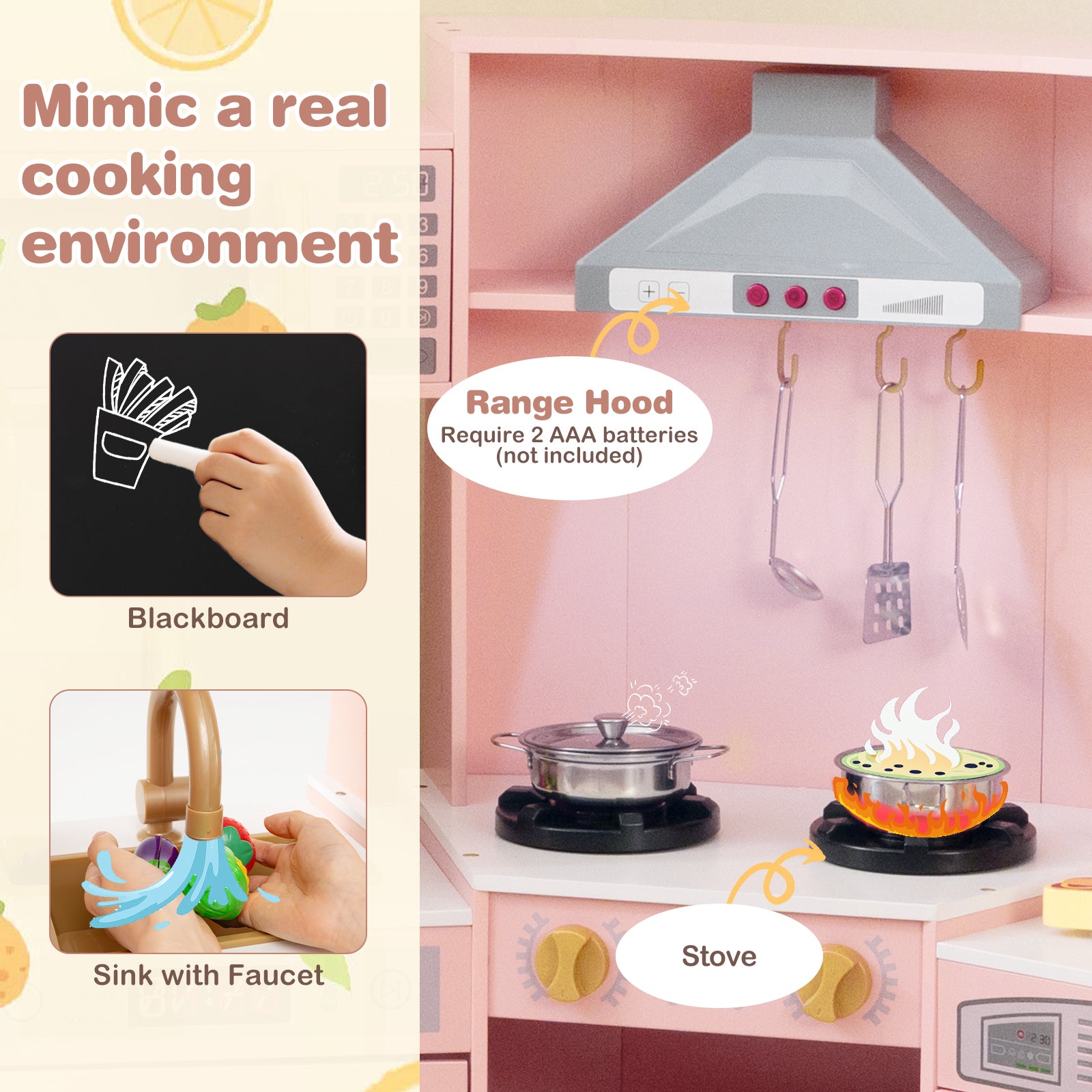 Corner Wooden Play Kitchen With Lights, Sounds, Large, Pink Play Kitchen Sets at Gallery Canada