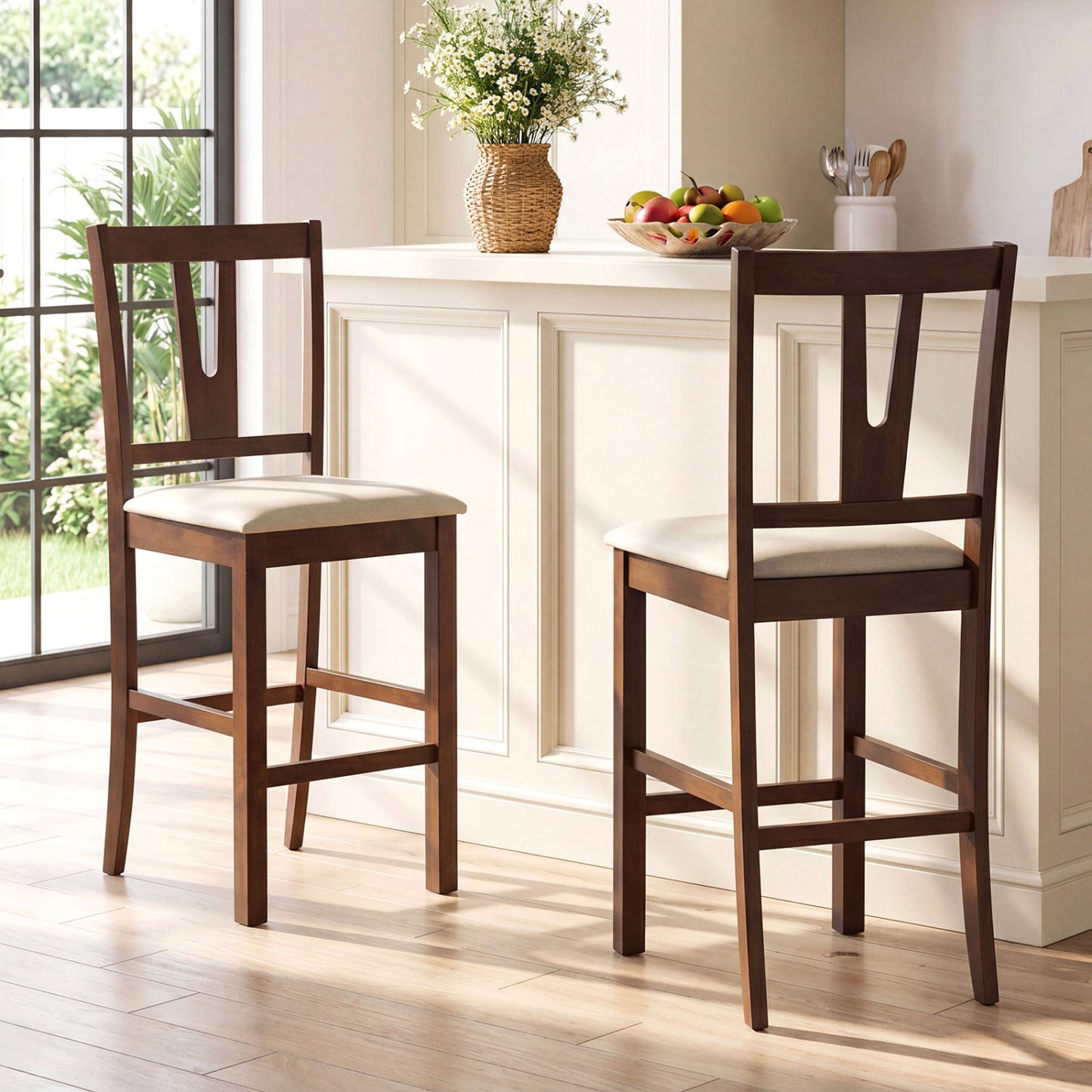 Counter Height Bar Stools with Contoured V-Back-Set of 2, Walnut Bar Stools at Gallery Canada