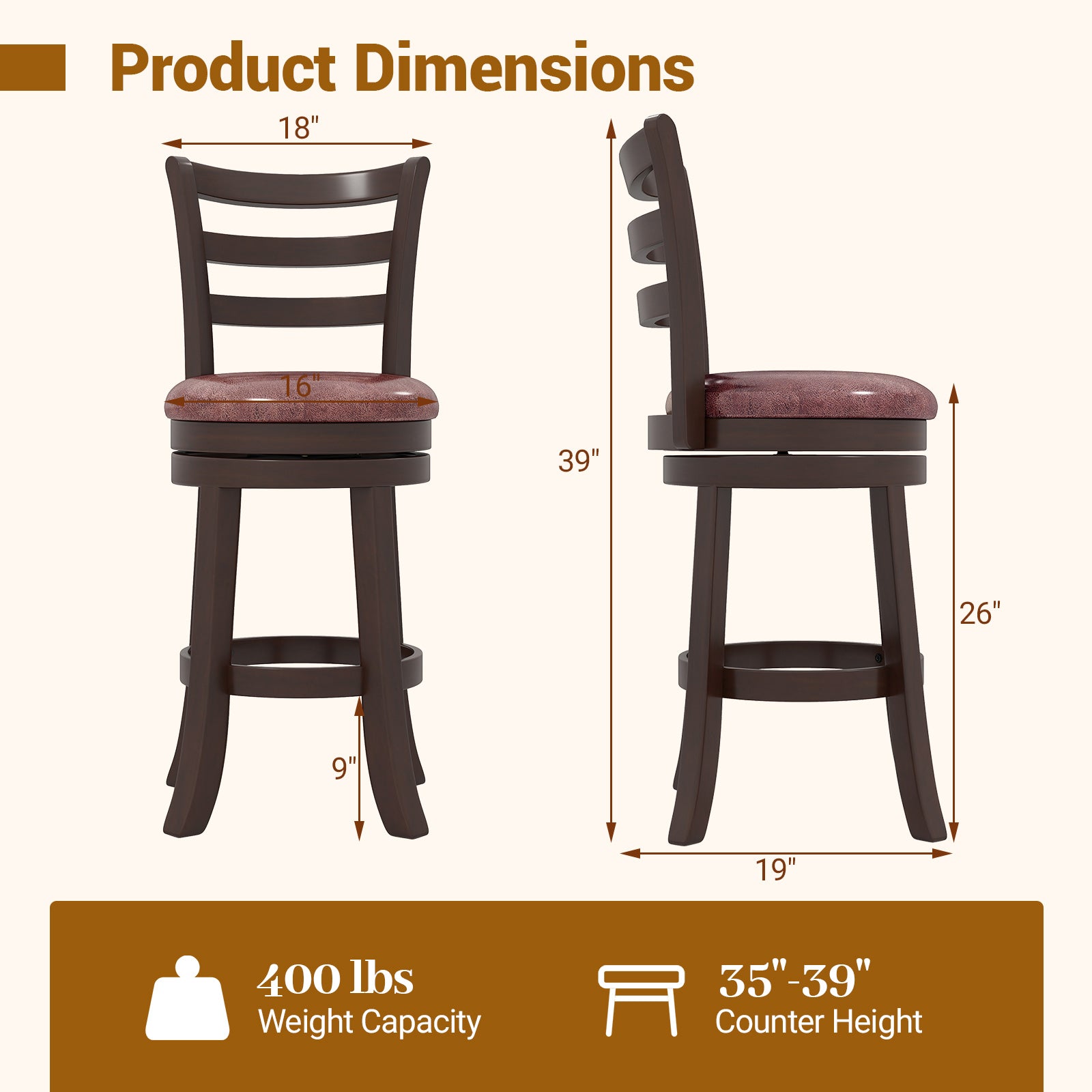 Counter Height Swivel Barstools Set of 2, Faux Leather Seat, 24 Bar Stools at Gallery Canada