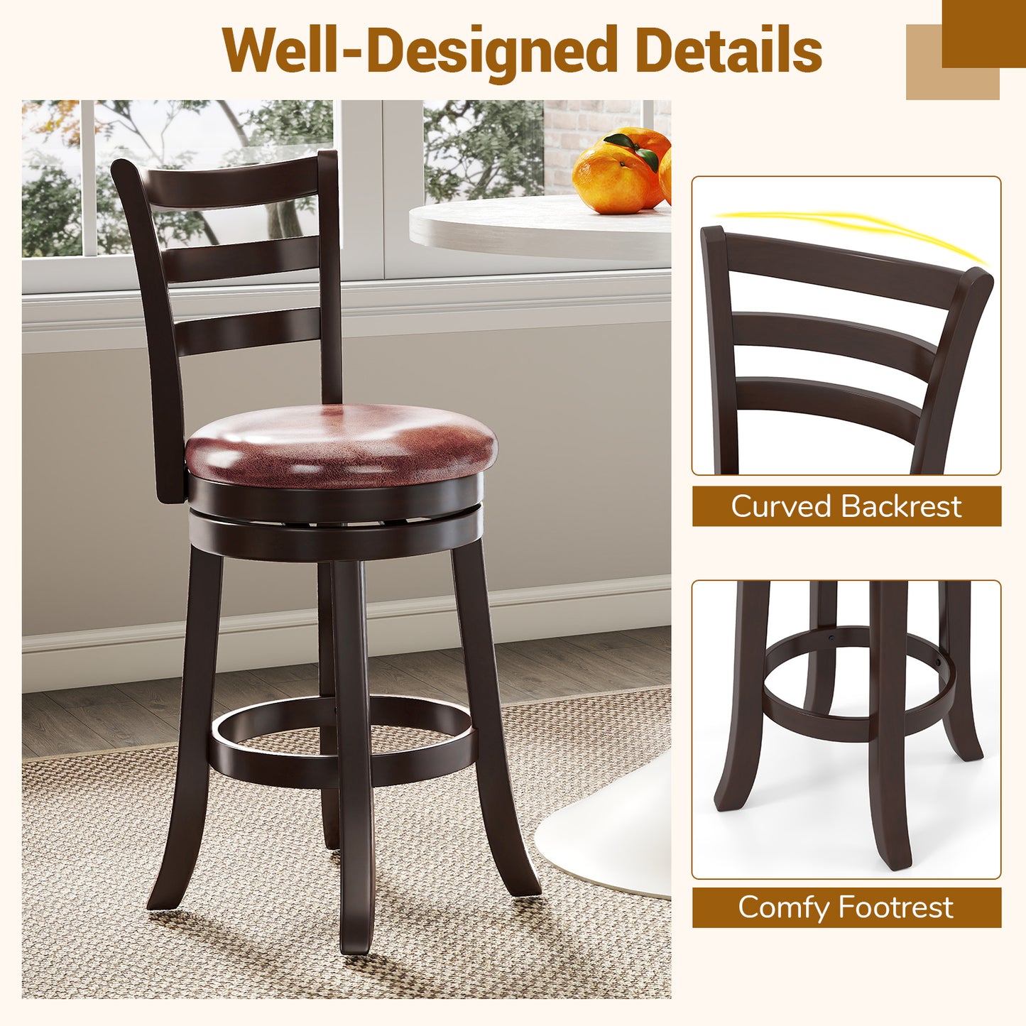 Counter Height Swivel Barstools Set of 2, Faux Leather Seat, 24 Bar Stools at Gallery Canada