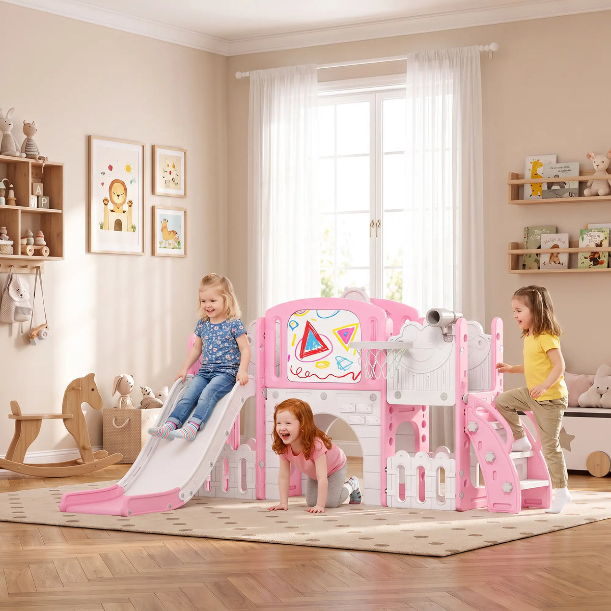 7 In 1 Toddler Slide With Basketball Hoop, Climbing Frame, Telescope, Drawing Board, Storage Box, Pink Gym Sets & Swings at Gallery Canada
