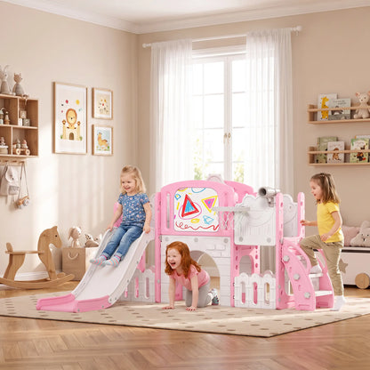 7 In 1 Toddler Slide With Basketball Hoop, Climbing Frame, Telescope, Drawing Board, Storage Box, Pink Gym Sets & Swings at Gallery Canada