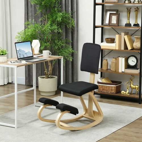 Ergonomic Kneeling Chair, Rocking Wood Stool with Backrest, Black