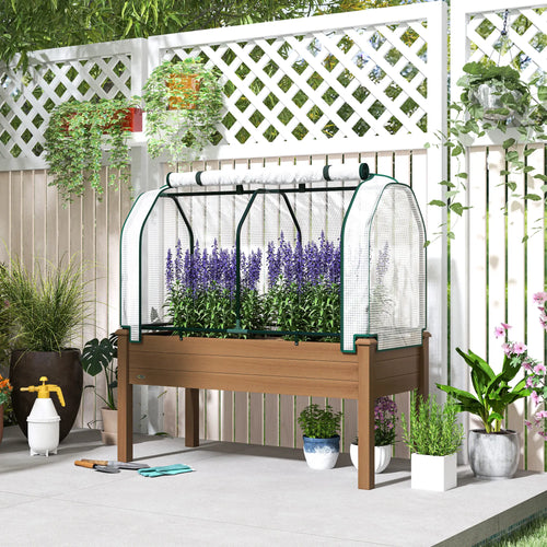 Raised Garden Bed With Greenhouse Cover, Elevated Wood Planter Box, Brown