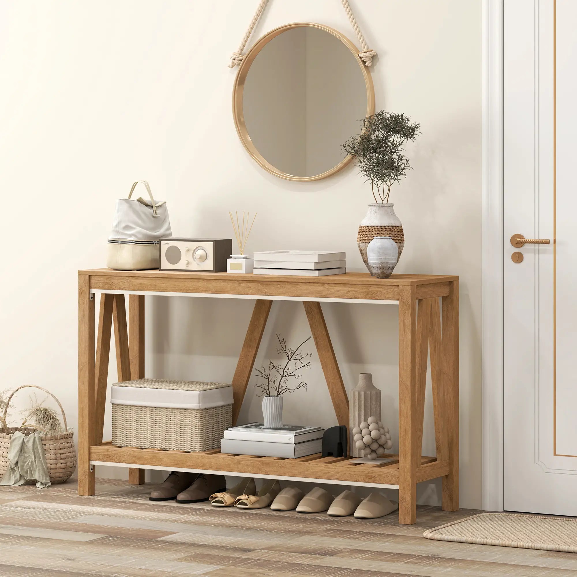 Farmhouse Console Table with Storage Shelf, Rustic Sofa Table, Brown Console Tables at Gallery Canada