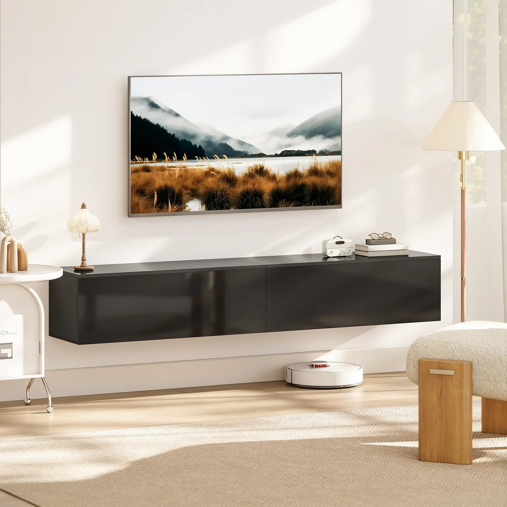 Floating TV Stand For 75 Inch TVs, 70.9 Inch Cabinet, High Gloss, Black TV Stands at Gallery Canada