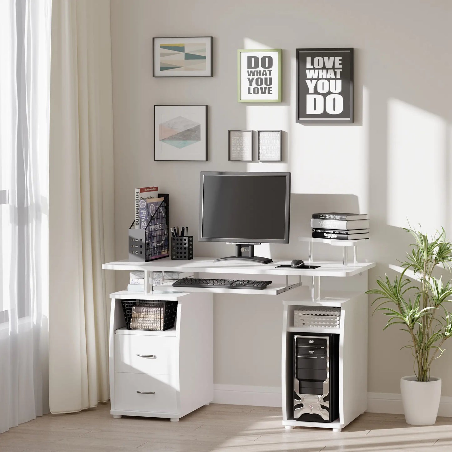 Computer Desk with Keyboard Tray, Drawers, CPU Stand, White Computer Desks at Gallery Canada