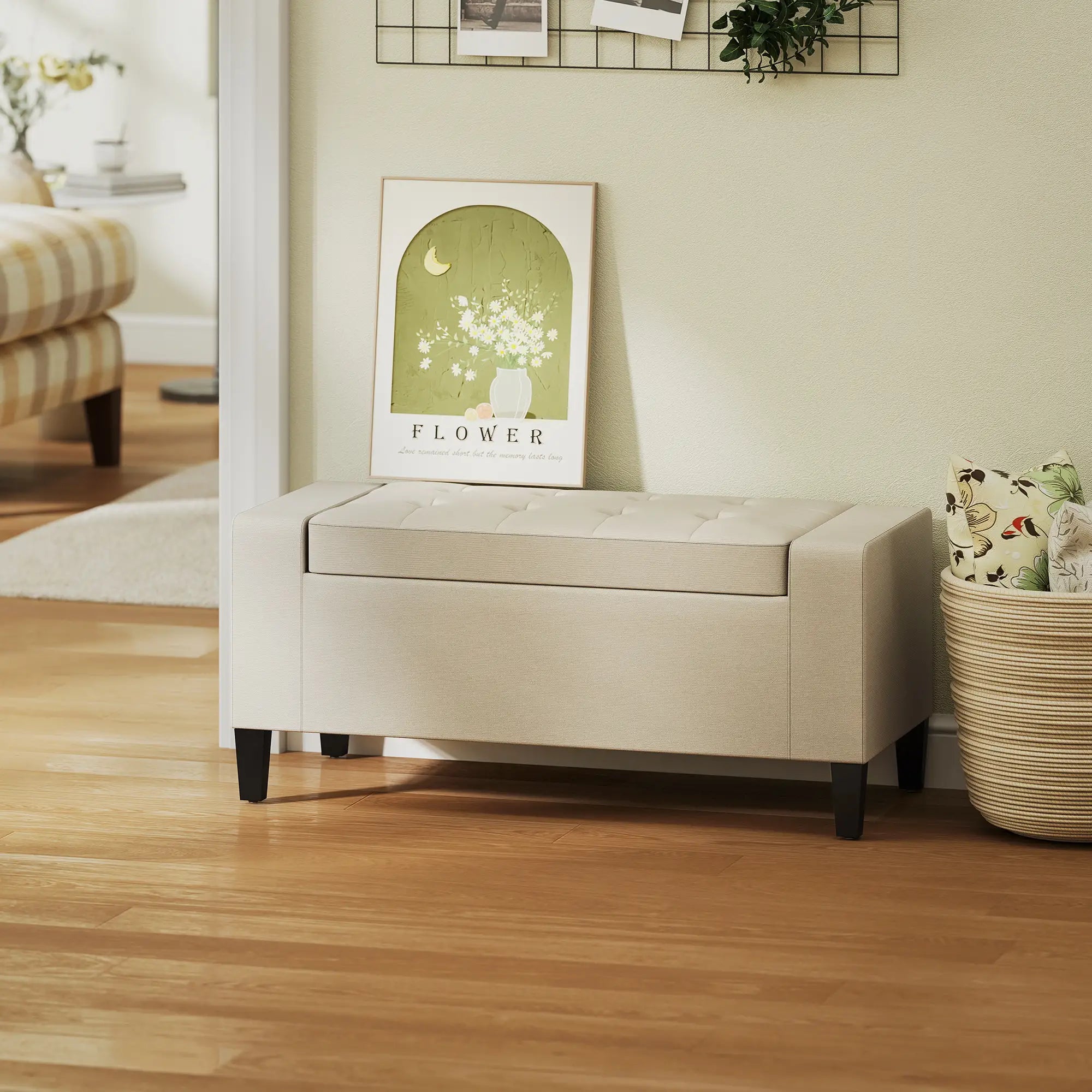 36In Storage Ottoman Bench, Wood Frame, Beige Storage Ottomans & Benches at Gallery Canada