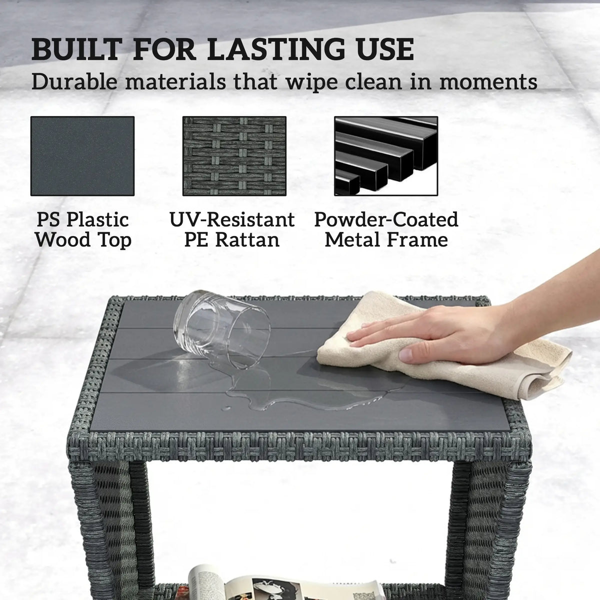 17.7" Square Wicker Side Table, Storage Shelf, Grey Patio Side Tables at Gallery Canada