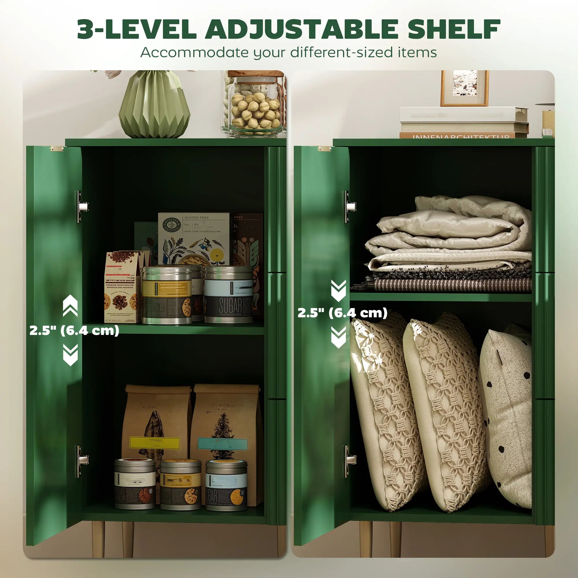 Modern Kitchen Storage Cabinet, Sideboard Buffet, 3 Drawers, Adjustable Shelves, Green Bar Cabinets at Gallery Canada