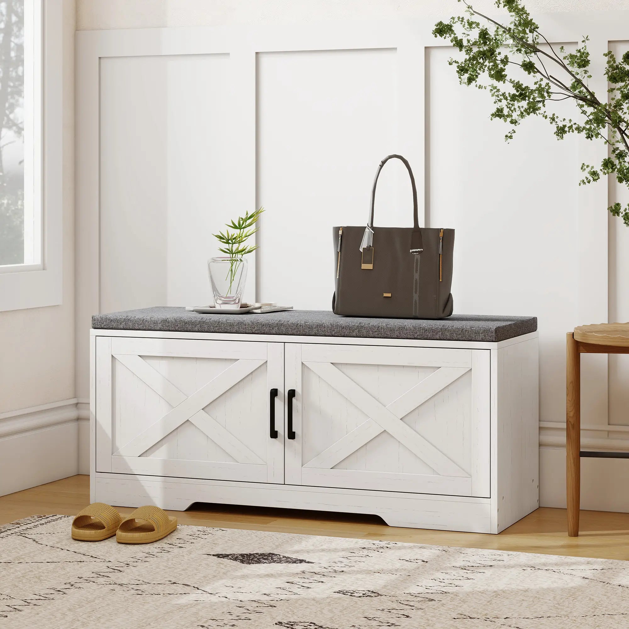 Shoe Bench With Cushion, Adjustable Shelves, Doors, White Shoe Storage Cabinets & Racks at Gallery Canada