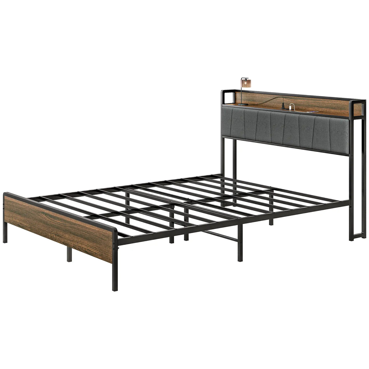 Full Size Bed Frame with Charging Station, Upholstered Headboard, Storage Shelf, Walnut Bed Frames Walnut, Black, Grey at Gallery Canada