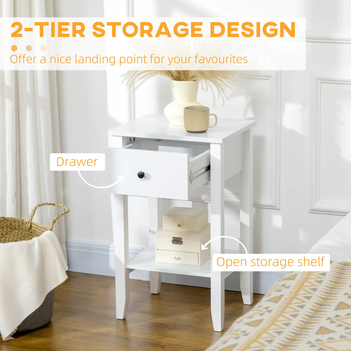 HOMCOM Side Table Set of 2 with Drawer, Shelf, Nightstand, White Side Tables at Gallery Canada