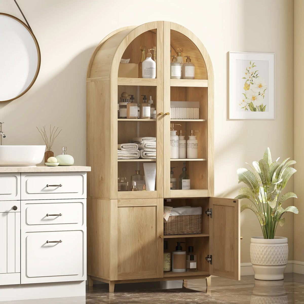 71" Tall Arched Kitchen Pantry Cabinet, Adjustable Shelves, Acrylic Doors, Oak Kitchen Pantry Cabinets at Gallery Canada