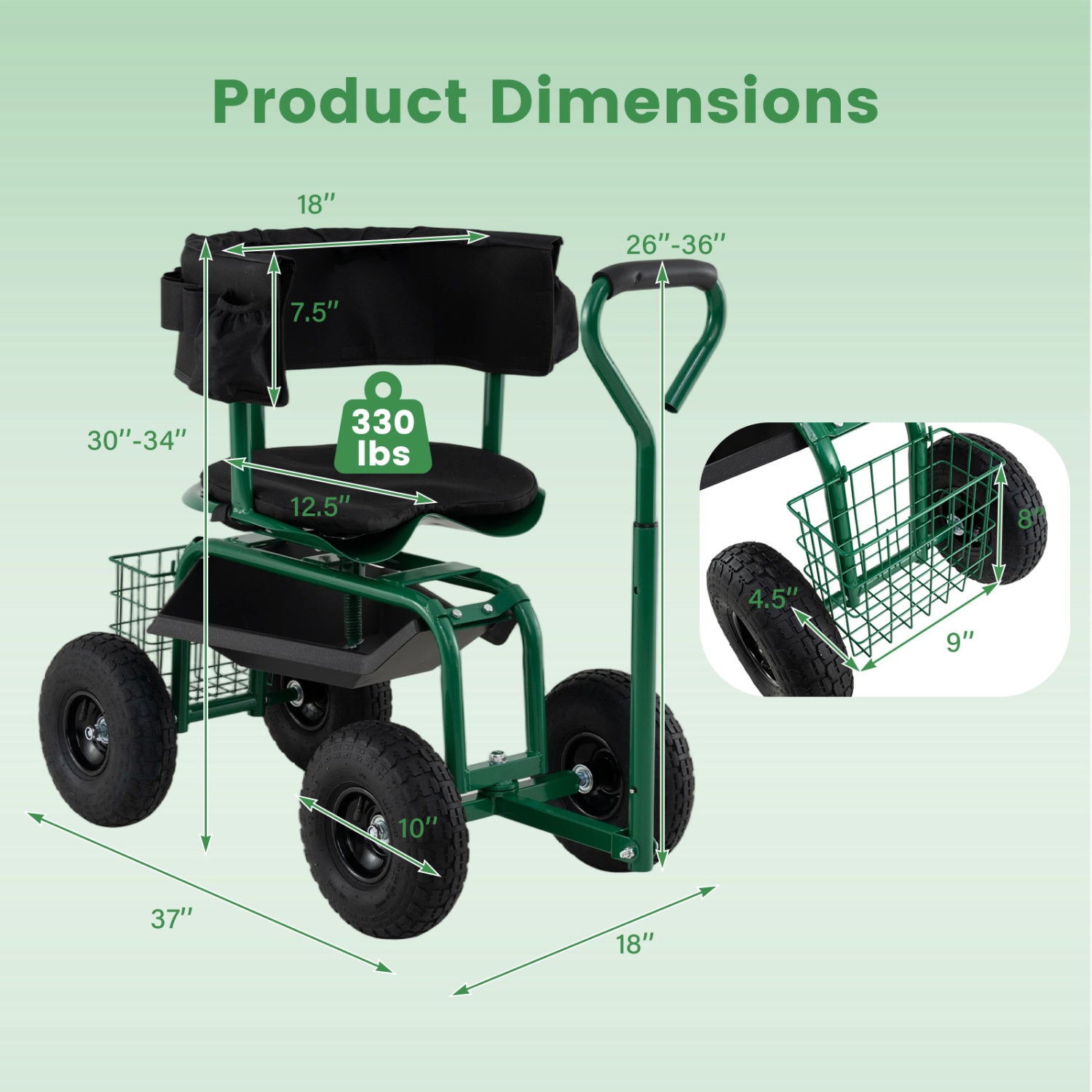 Cushioned Rolling Garden Cart Scooter, With Storage Basket And Tool Pouch, Green Garden Carts at Gallery Canada