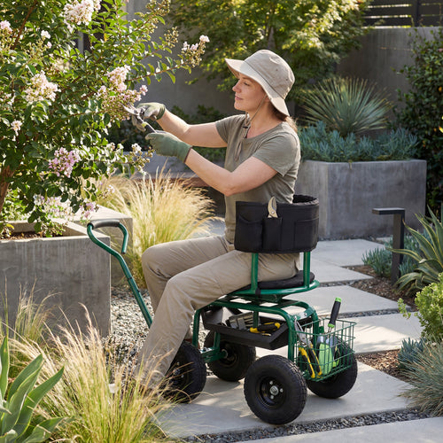 Cushioned Rolling Garden Cart Scooter, With Storage Basket And Tool Pouch, Green