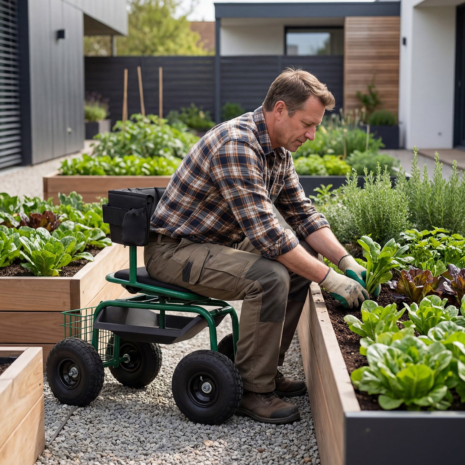 Cushioned Rolling Garden Cart Scooter, With Storage Basket And Tool Pouch, Green Garden Carts at Gallery Canada