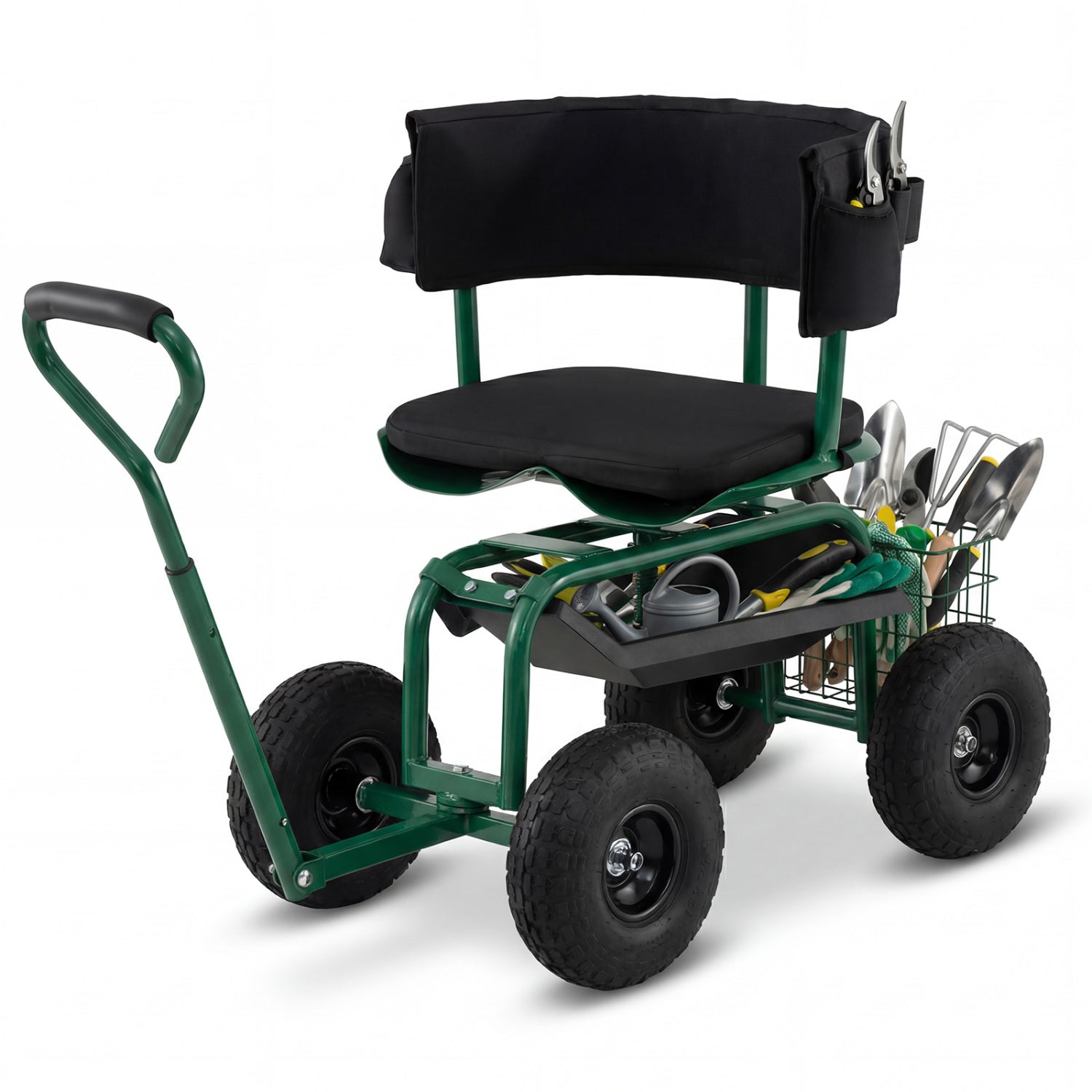 Cushioned Rolling Garden Cart Scooter, With Storage Basket And Tool Pouch, Green Garden Carts at Gallery Canada