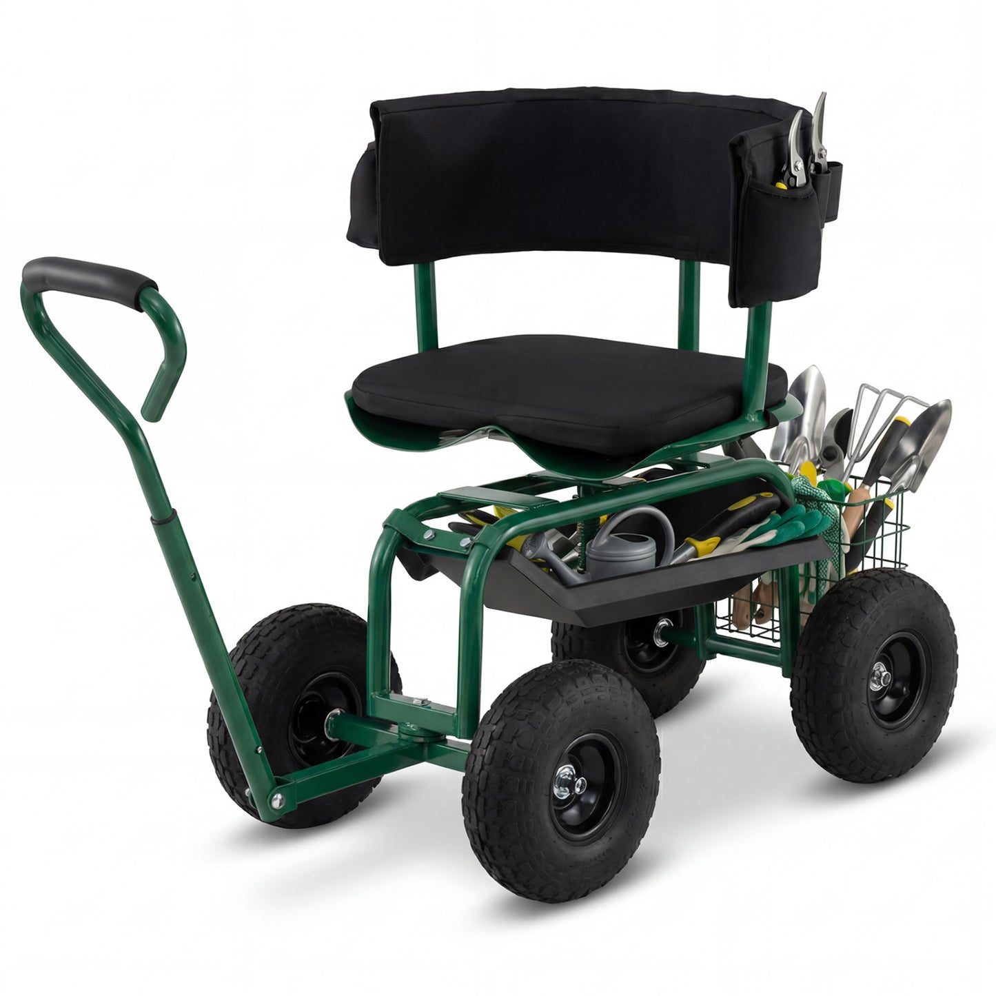 Cushioned Rolling Garden Cart Scooter, With Storage Basket And Tool Pouch, Green Garden Carts at Gallery Canada